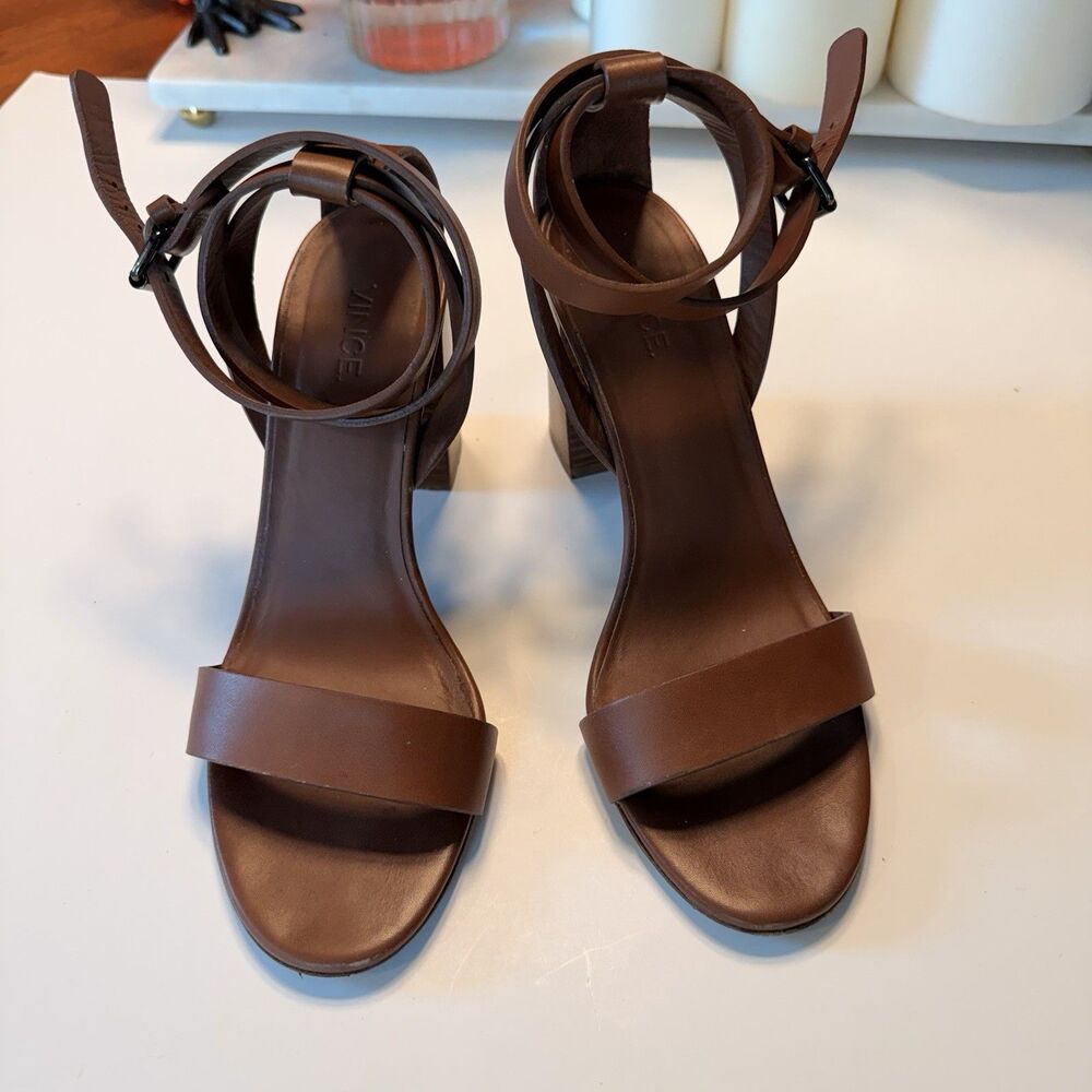 Vince leather Brown Cognac Ankle Strap Italy Sandals Minimalist Block Heel Sz6.5